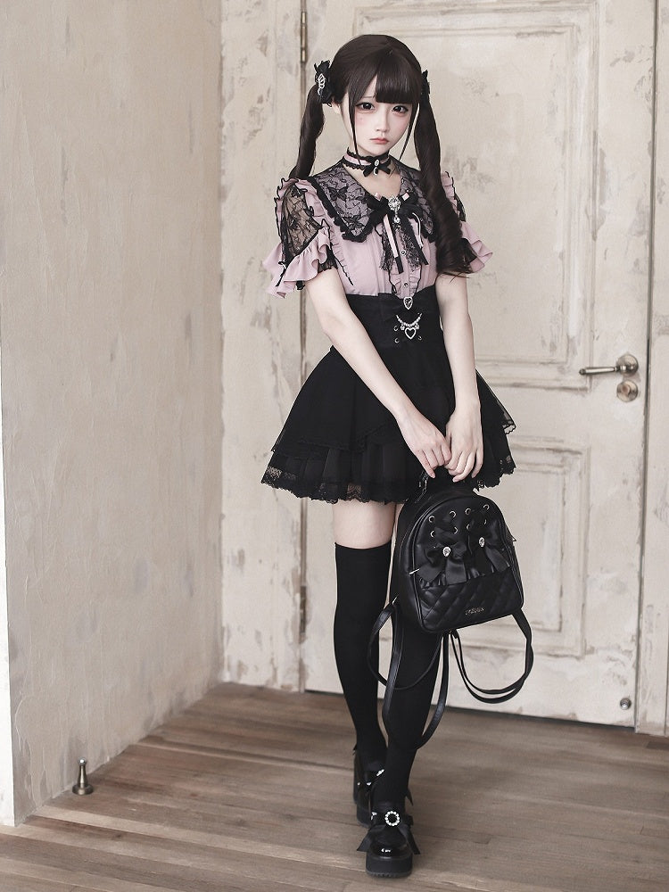 Jirai Kei Black & Pink Lace Cutout Shoulder Short Sleeve Ruffle Blouse - Ekomi