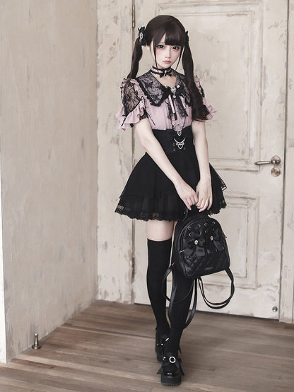 Jirai Kei Black & Pink Lace Cutout Shoulder Short Sleeve Ruffle Blouse - Ekomi