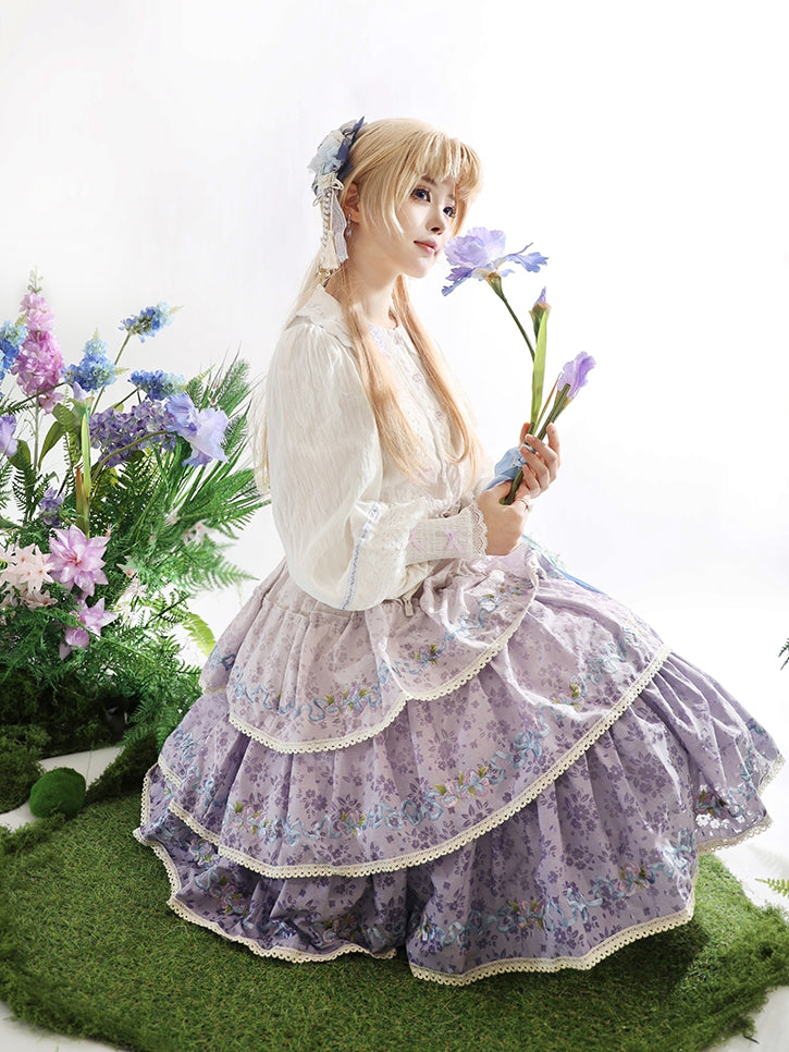 オンブレバイオレットティアードスカート アイリス刺繍 繊細