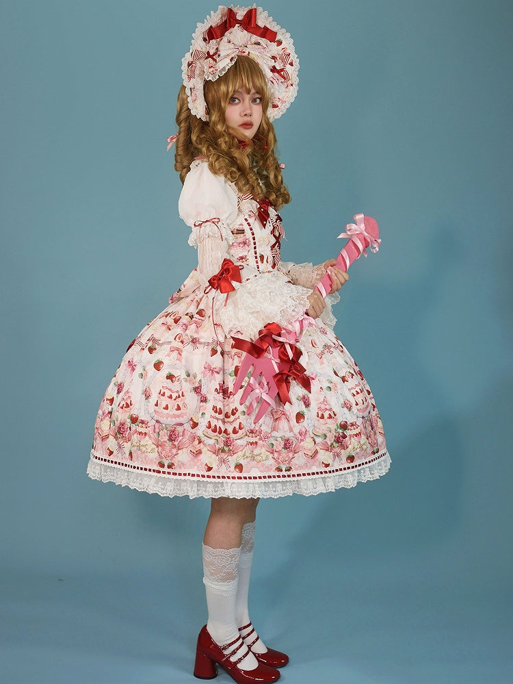 Sweet Bow JSK Full Lolita Accents Print / Weiße Desserts und Set Erdbeere