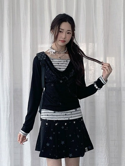 Black/White Cowl Neck Fake Two-Piece Long Sleeve Top with Stripes and Stars - Solkatt