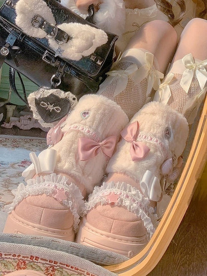 Lolita Bow Sweet Pink Plush Shoes with Beige Accents