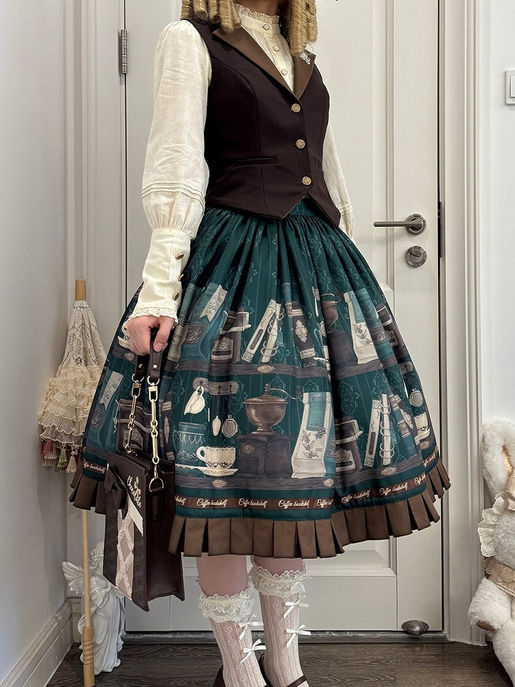 Dark Green Brown Coffee Cup Bookshelf Print Elegant Skirt Ruffled Hem - Dream Whale