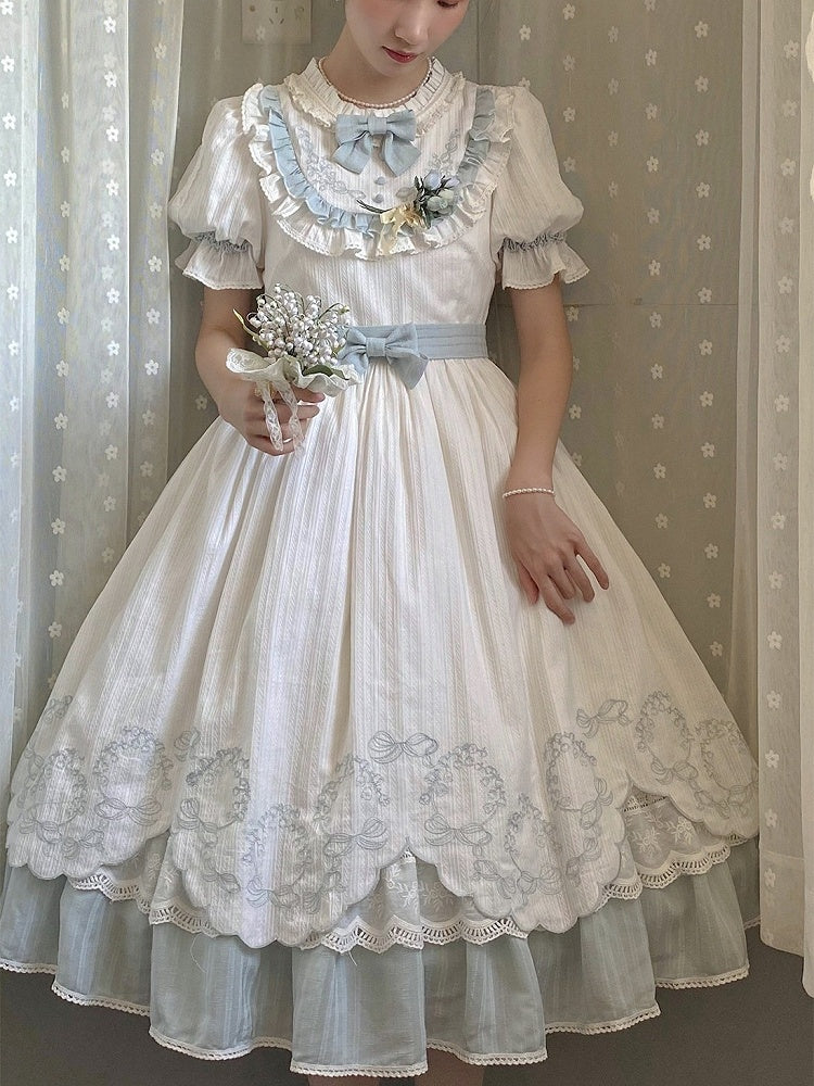 Blue & White Lace Petal Hem OP Dress with Belt and Bow Set - Rosa multiflora