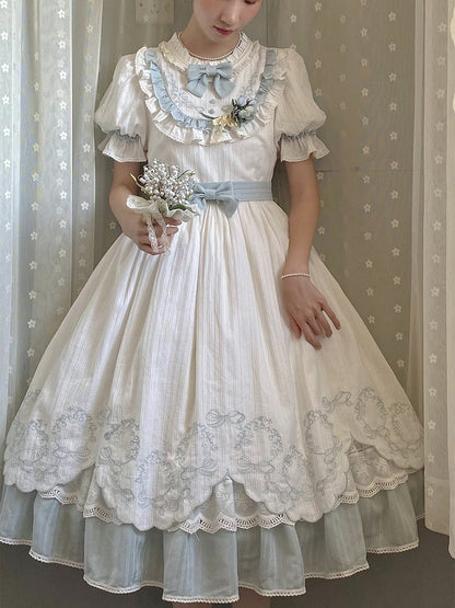 Blue & White Lace Petal Hem OP Dress with Belt and Bow Set - Rosa multiflora