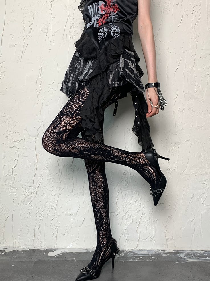 Punk Hollow-out Tights Y2K Black Design