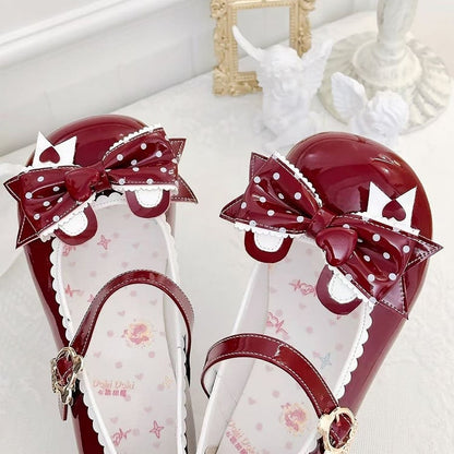 Buckle Red - Mary Low Lolita Polka-dot with Janes Sweet Ear PU Bear Bow Heel Teddy