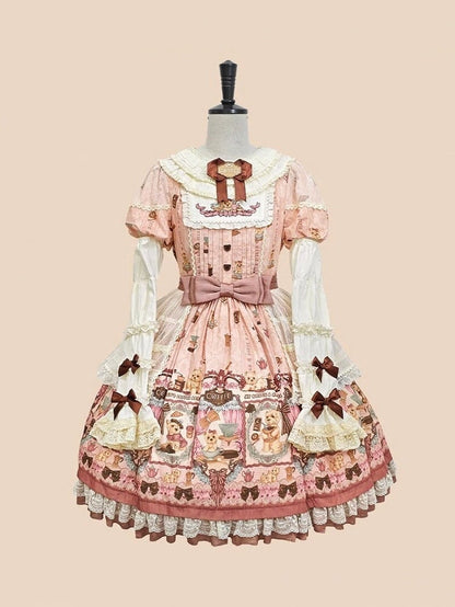 Puppy Coffee Shop Print Pink Sweet Lolita OP Dress with Detachable Sleeves - Stars Fall on the Foggy Island