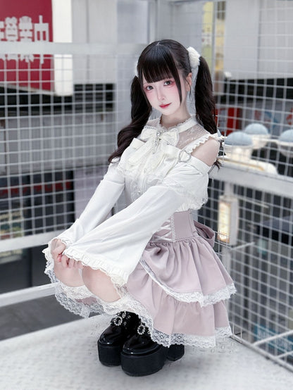 Sleeves with Shoulder Cutouts Jirai Top White Flared Outfit: Style Kei