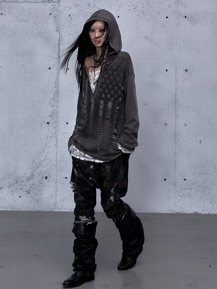 Hooded V-Neck Gray Dark with Loose Top Version Two-piece