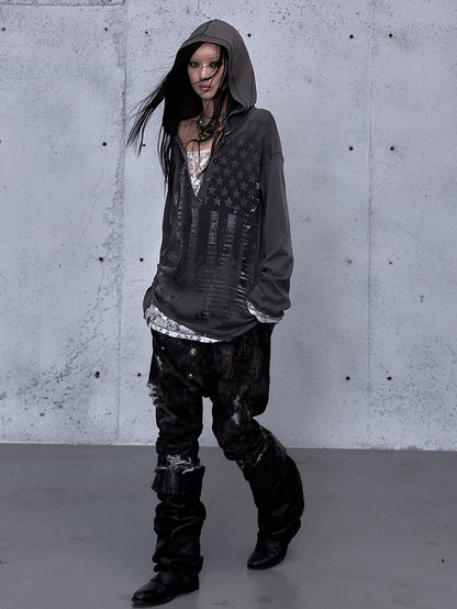 Hooded V-Neck Gray Dark with Loose Top Version Two-piece