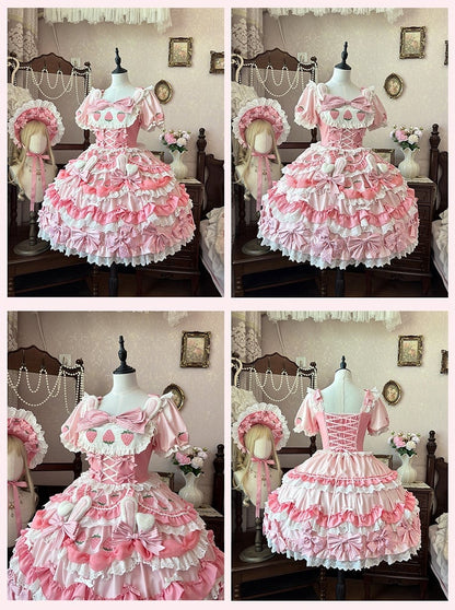 クリーミーなストロベリーバニーピンクのリボンスカートのアクセントがティアード