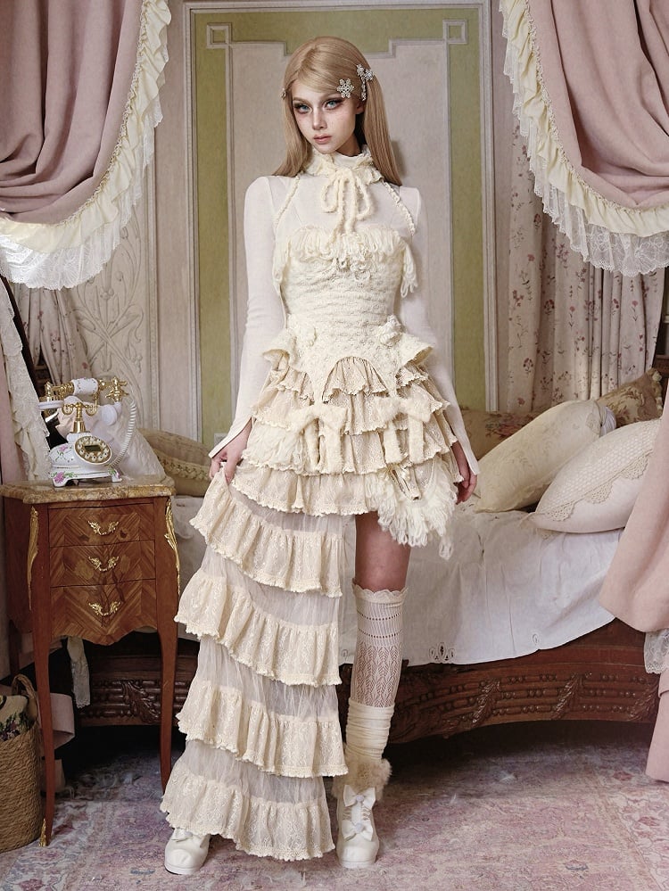 Choker Cream Long White Neck Knitted with High Top Ruffled Stretchy Sleeves