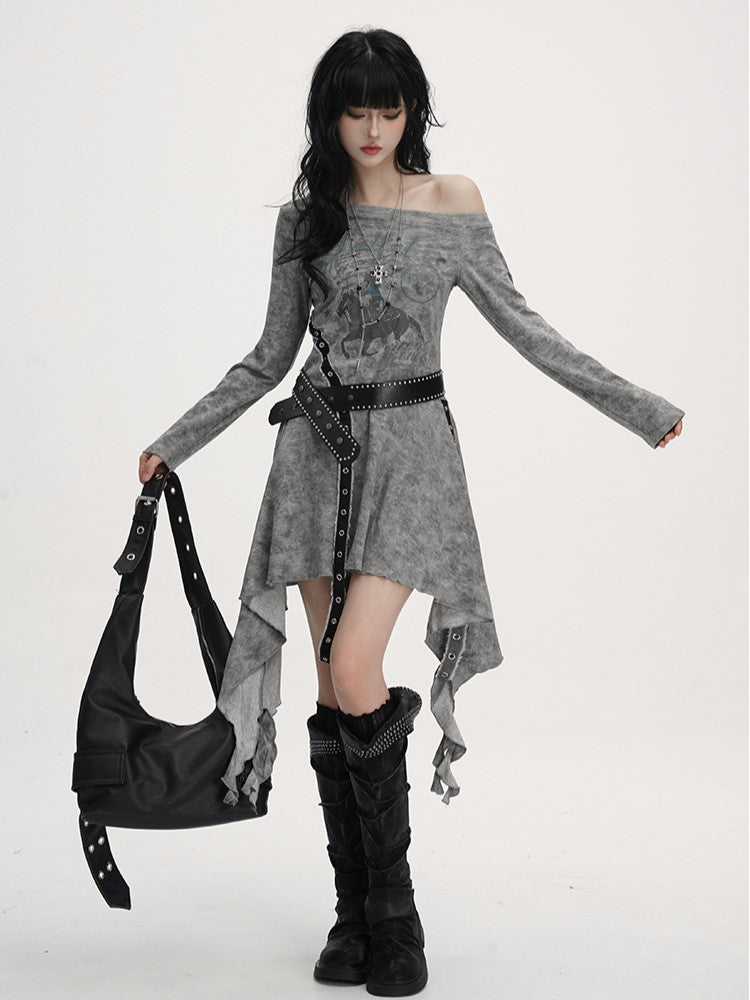Equestrian Asymmetrical Studded Belt with Handkerchief Dress Gothic Neckline Hem Gray