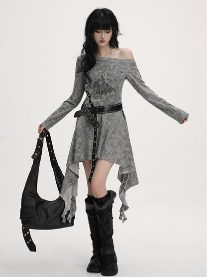 Equestrian Asymmetrical Studded Belt with Handkerchief Dress Gothic Neckline Hem Gray