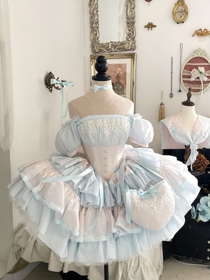 Pink and Blue Princess Corset Puffy Dress Tiered Ruffle Skirt Full Set