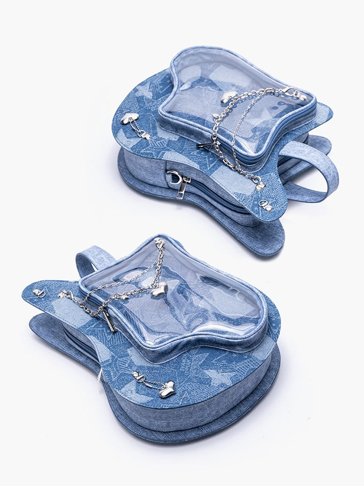 Heart Chain Accents Style Chic 2-Way Kawaii Blue Guitar-Shaped Ita Bag With Y2K