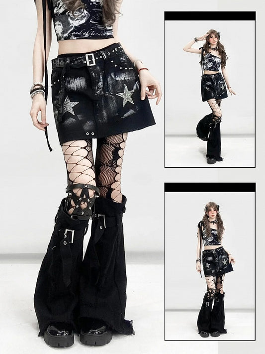 Star Cross Applique Skirt With Glamorous Black Y2K Rhinestone Leg Warmers