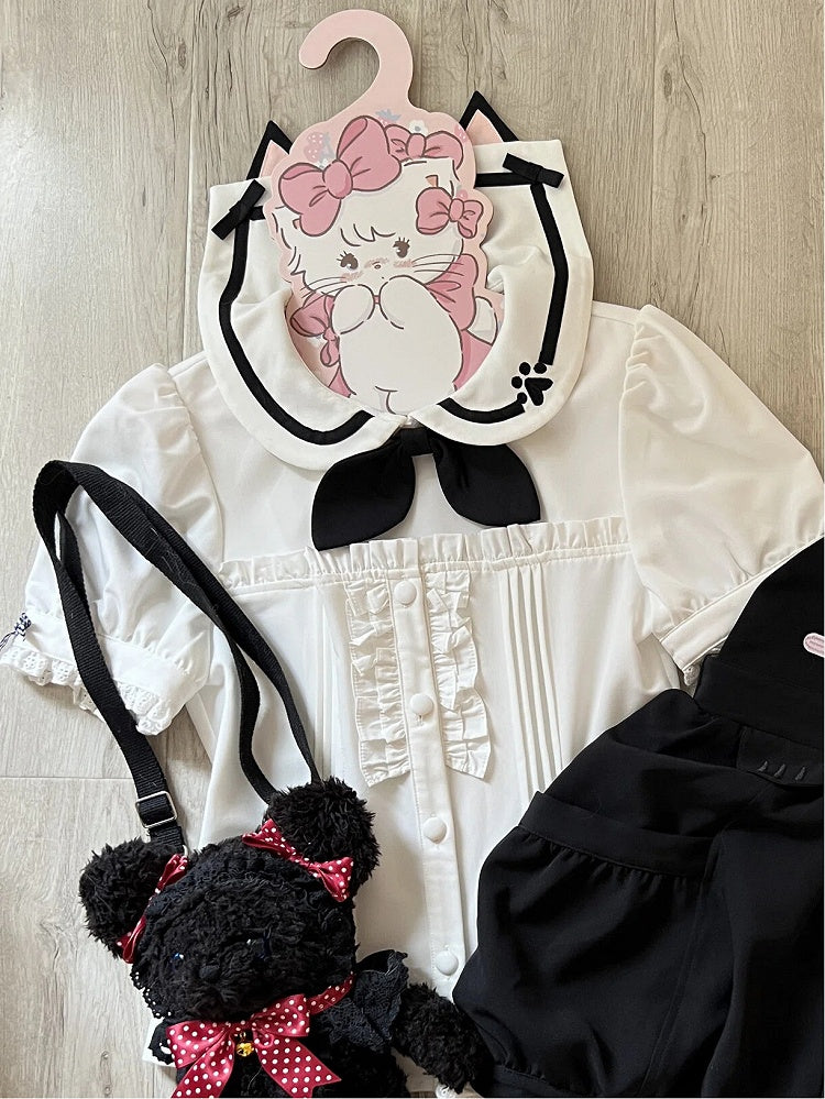 Bow Navycore and with White Black Embroidery Shirt Cat Sailor Collar Paw Tie