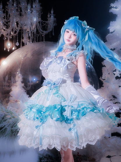 with Accents Blue White Layered Bow Lolita JSK and Dress Princess Ruffle Skirt