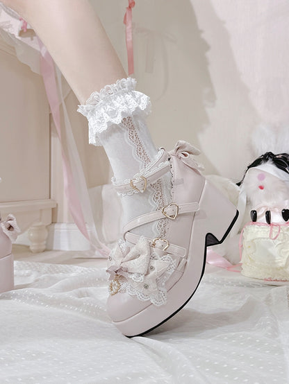 Pink Jirai Kei Platform Block Heels with Heart Buckles & Crisscross Bow Top - Transfer Student