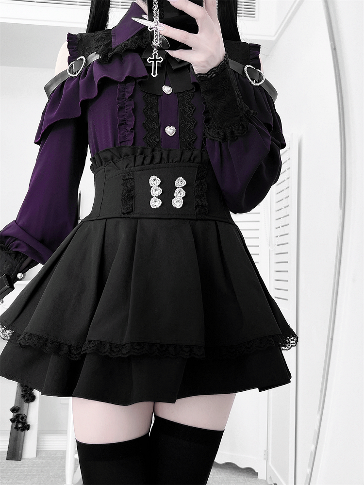 Shoulder Landmine with Blouse Buttons Cutout Blackish-Purple: Style in Heart Sweetheart Buckle