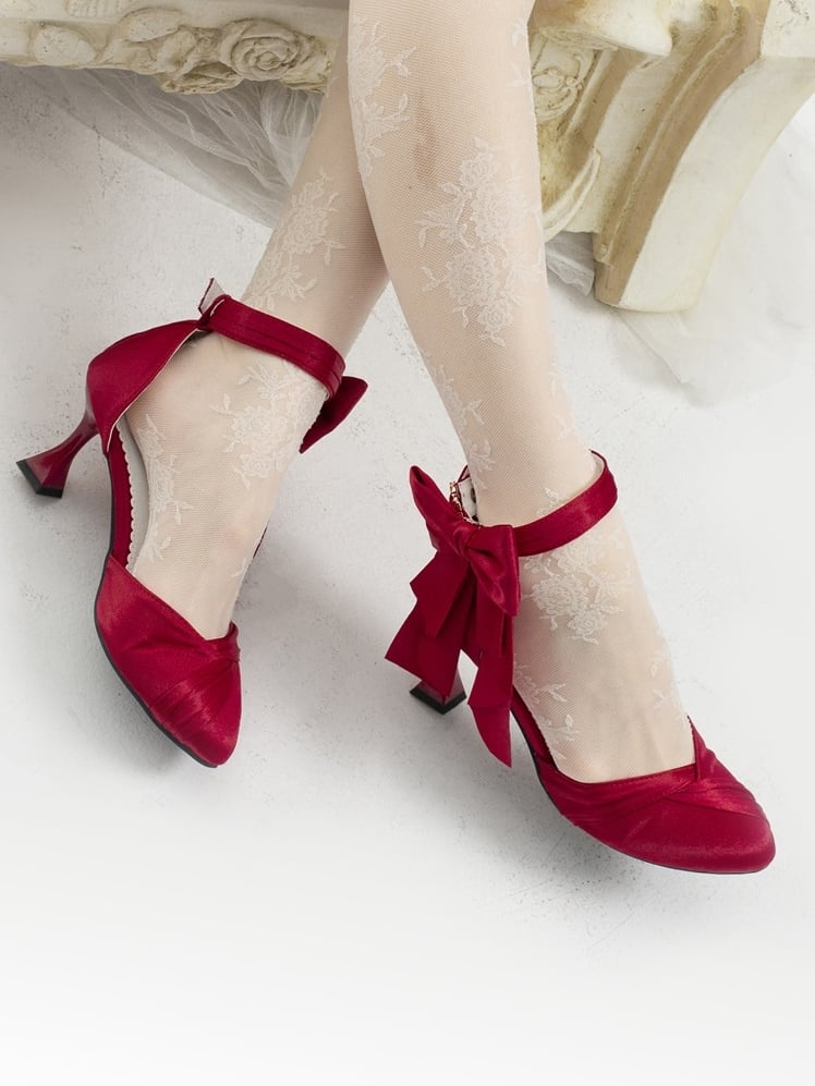 Design Red Classic - Bow Detailing Wine Inspired Sandals Heart Buckle High-heel Lolita