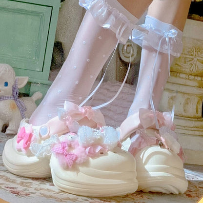 Lolita Sweet Bow with Platform Crocs-style Clogs Ruffle - Decor Version Beige Trim Regular/Thicken