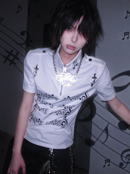 Music Note Print Short Sleeve T-Shirt - y2k QUEEN
