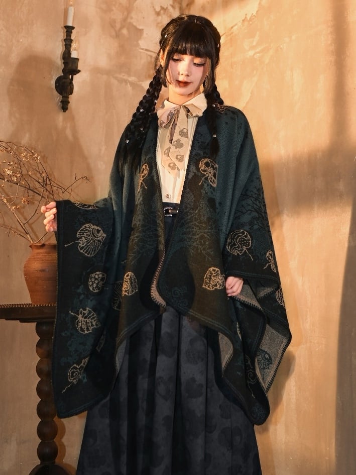 with Goth Design Open Leaf Green - Dark Cheongsam Style Print Placket Shawl