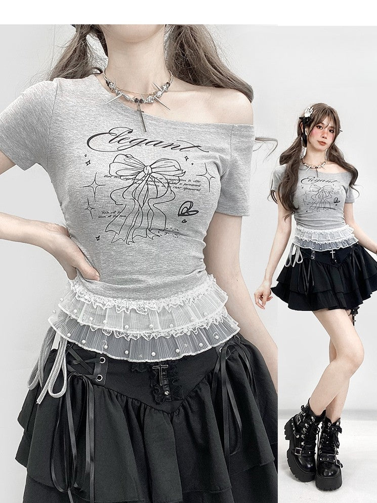 レースプリントの華やかなレターネックラインのリボン、非対称、グレー