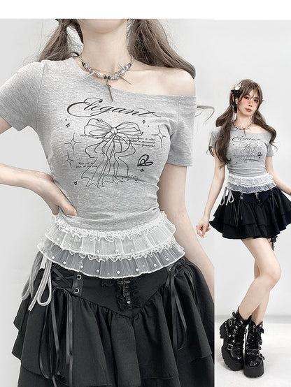 レースプリントの華やかなレターネックラインのリボン、非対称、グレー