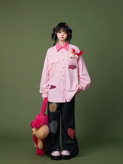 Collar Shirt with Letter Embroidered Patches Contrast Pink