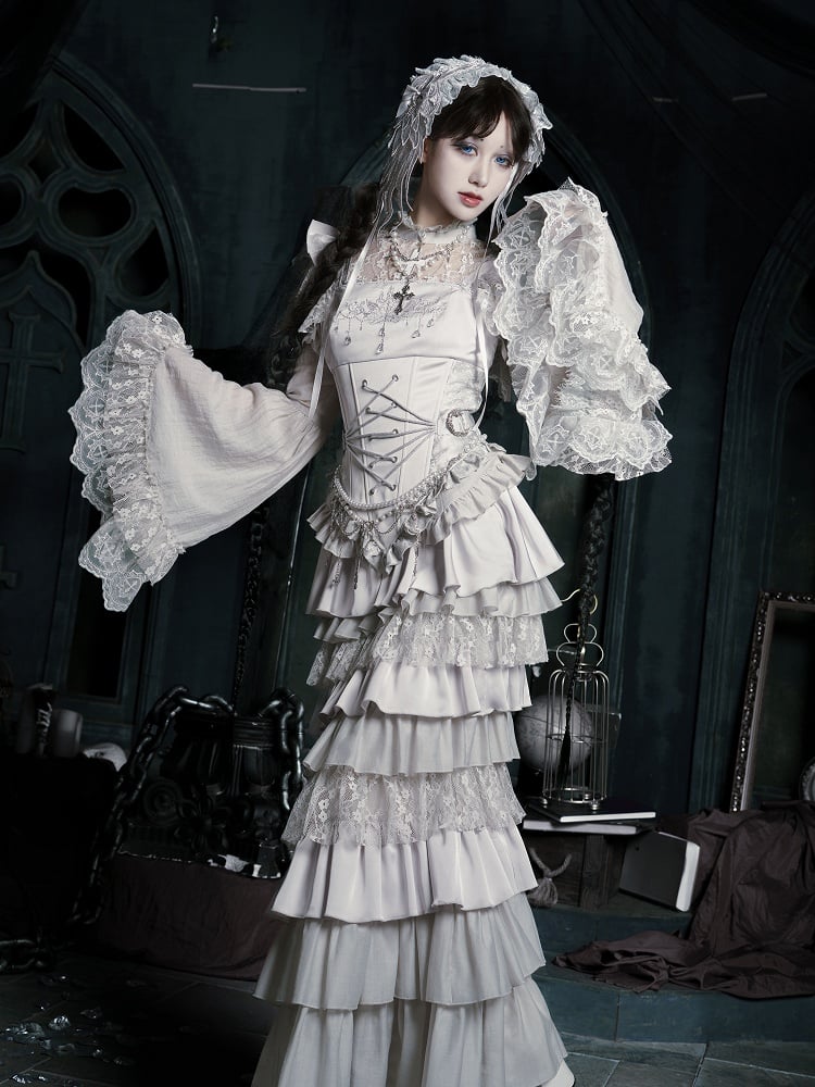 Patched Bell Silver Neckline Blouse Lace Sleeves Gothic