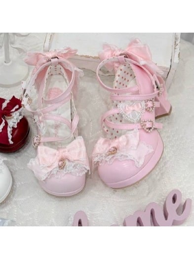 Sweet Lolita Pink Middle Heel Platform Shoes with Lace - Sheep Puff