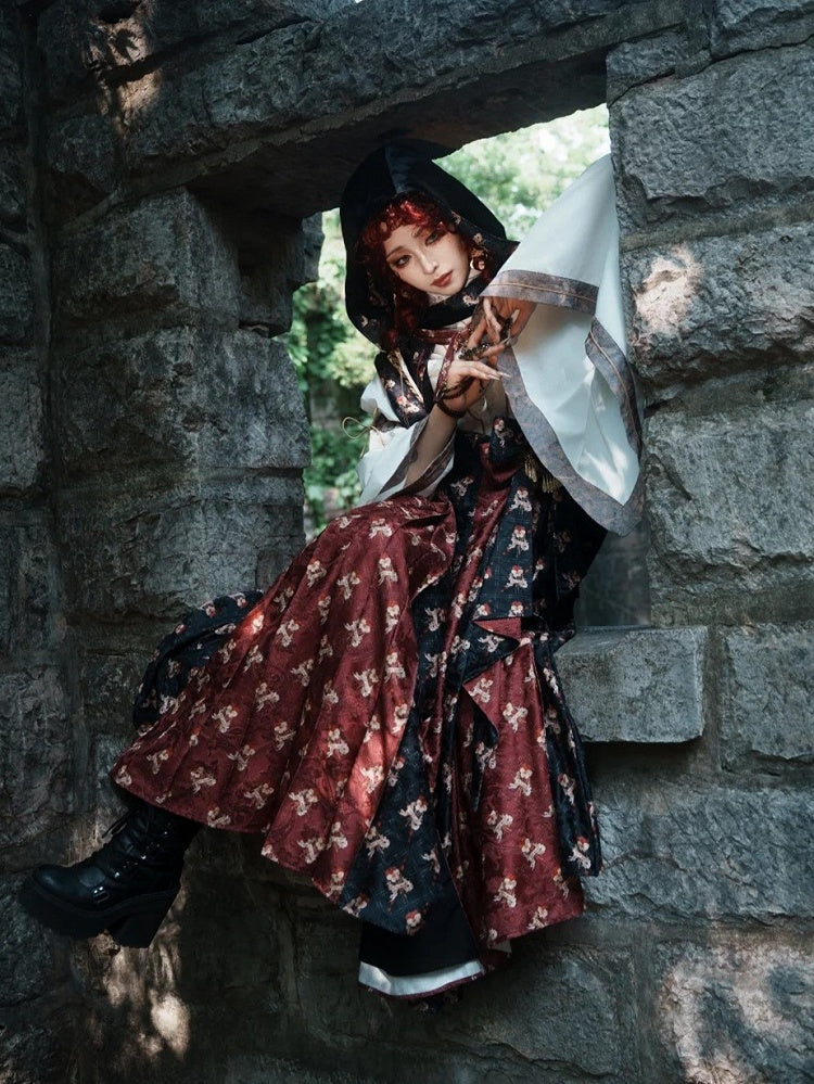 Crimson & Noir Floral Lace-Up Bodice Dress - Neoludwig