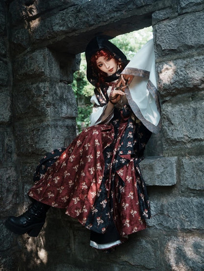 Crimson & Noir Floral Lace-Up Bodice Dress - Neoludwig