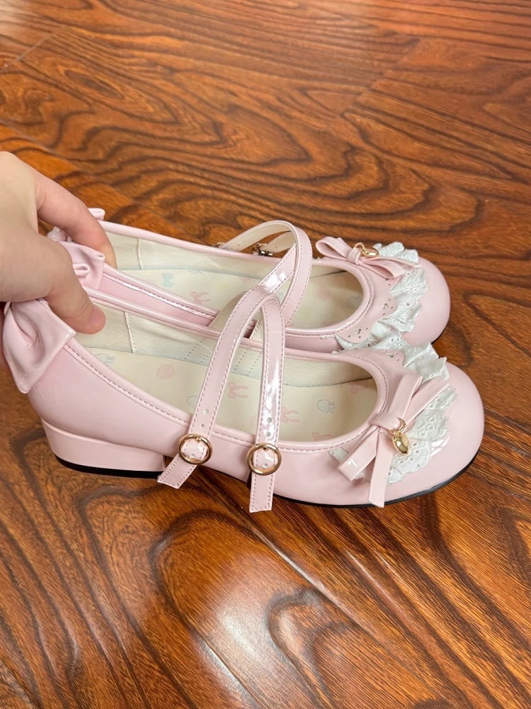 Sweet Pink Round Design Crisscross Snap PU Lolita Low Heels with