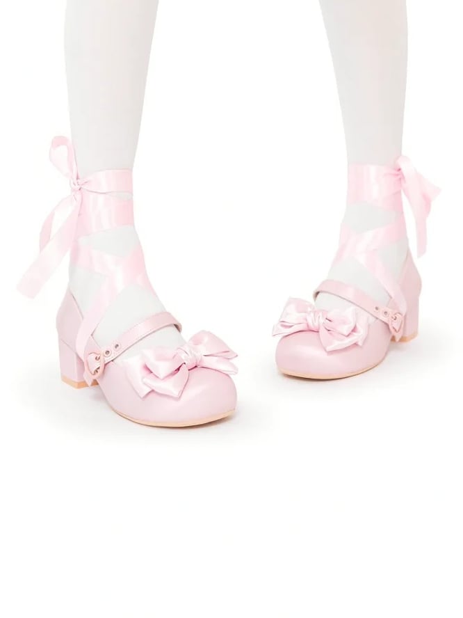 Mary - Lace-up Bow at Toe Pink Janes Top Round PU Ankle