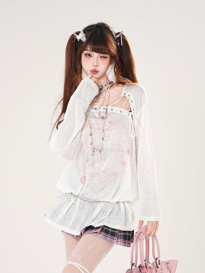 Semi-sheer Coverup Lace-up Asymmetrical Neckline Blue/White