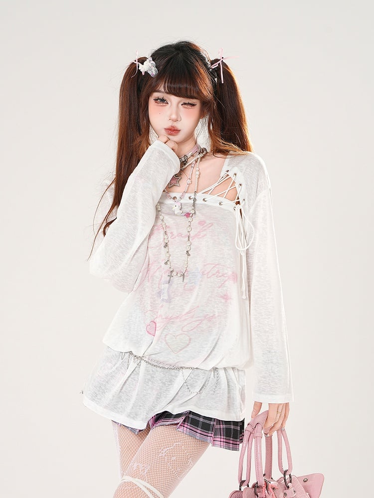 Lace-up Asymmetrical Neckline Blue/White Semi-sheer Coverup