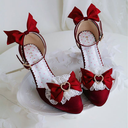 Lolita Lace Bow Pointed-Toe Heeled Sandals – Ballet Style Original Design