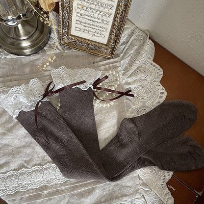 Brown Lace Cuff Stockings Bowknot Warm