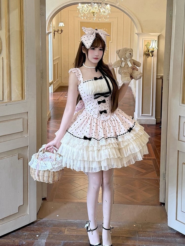 Pink Layered Ruffle Lolita Jumper Dress with Bow and Polka Dots - Diamond Honey
