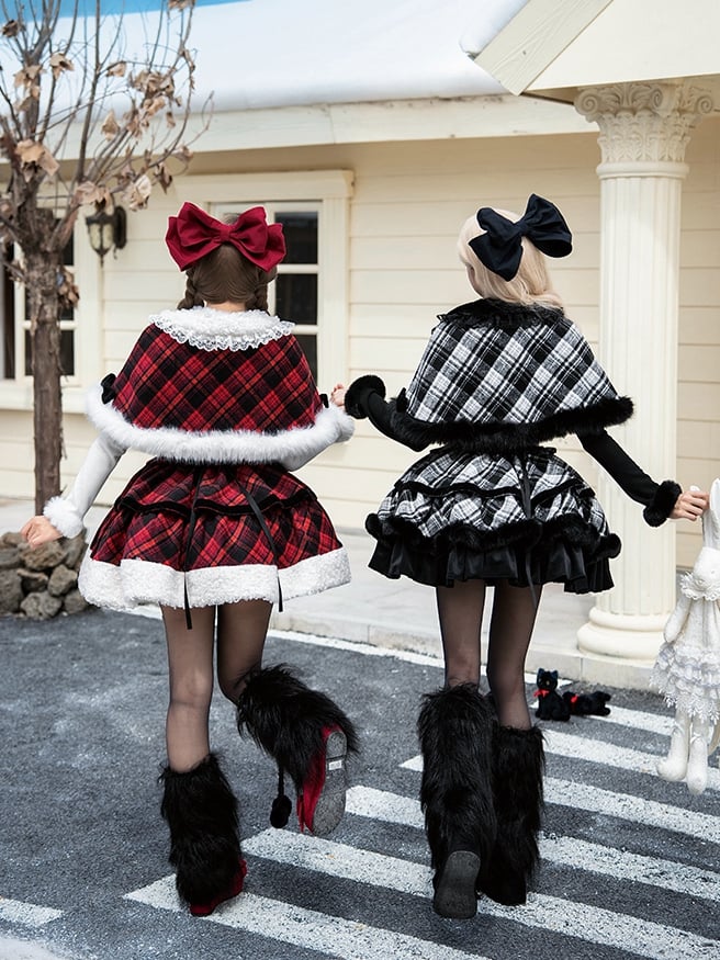 Cape Plaid Black Brooches Winter Lolita Warmers White Set - JSK Leg Reversible +