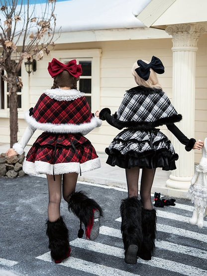 Cape Plaid Black Brooches Winter Lolita Warmers White Set - JSK Leg Reversible +