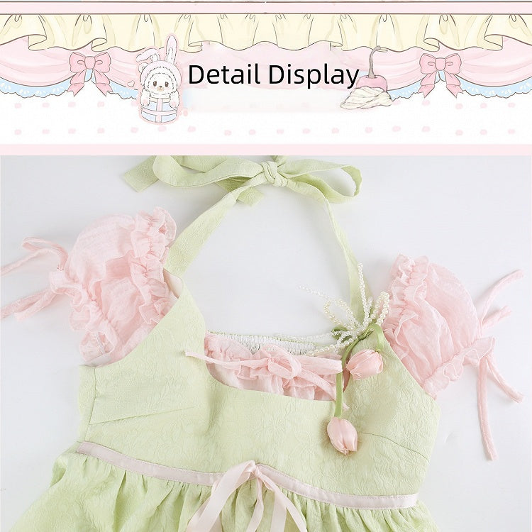 Robe Vert Rose à Licou Broche Fleurie - Sérendipité