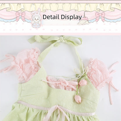 Robe Vert Rose à Licou Broche Fleurie - Sérendipité