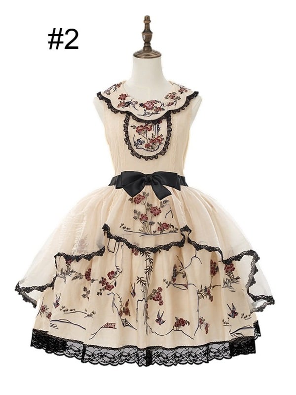 Han Lolita Sleeveless Dress with Floral Bird Print and Embroidery - Yimu Walnut