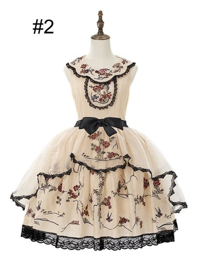 Han Lolita Sleeveless Dress with Floral Bird Print and Embroidery - Yimu Walnut